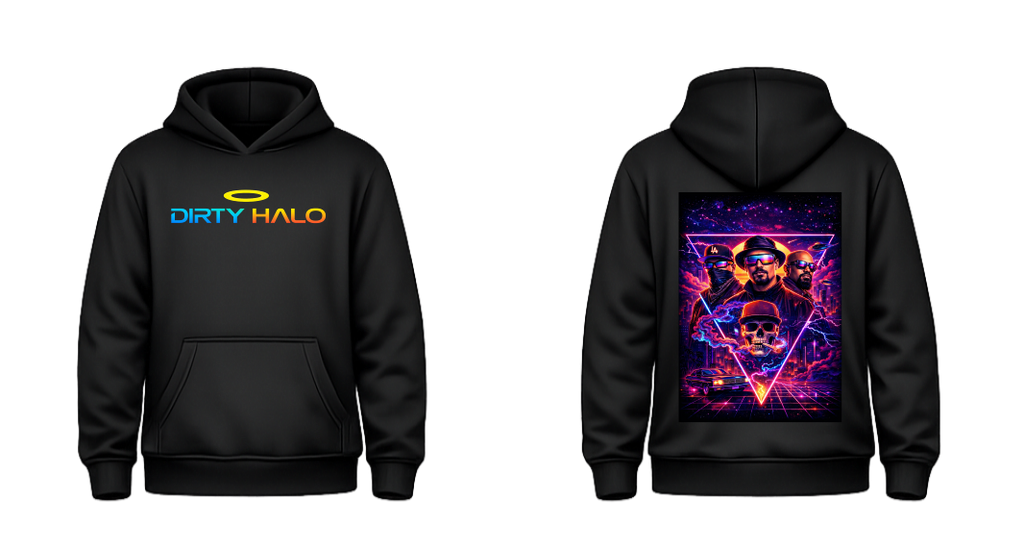 Black hoodie with 'Dirty Halo' logo on front and colorful graphic on back, on a white background