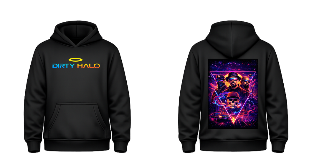 Black hoodie with 'Dirty Halo' logo on front and colorful graphic on back, on a white background