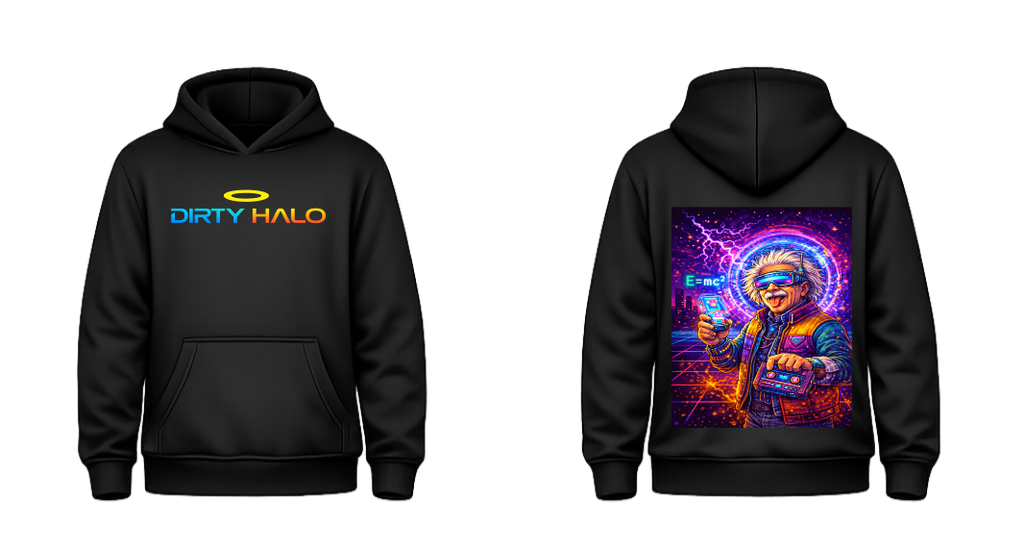 Black hoodie with 'Dirty Halo' logo on front and colorful graphic on back, on a white background