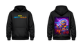 Black hoodie with 'Dirty Halo' logo on front and colorful graphic on back, on a white background