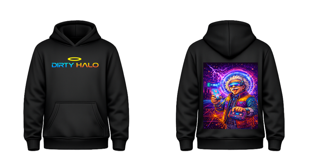Black hoodie with 'Dirty Halo' logo on front and colorful graphic on back, on a white background