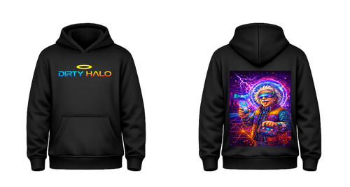 Black hoodie with 'Dirty Halo' logo on front and colorful graphic on back, on a white background