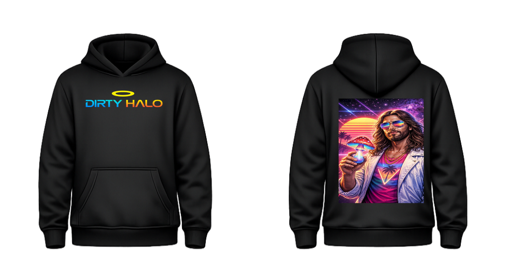Black hoodie with 'Dirty Halo' logo on front and graphic design on back, on a white background