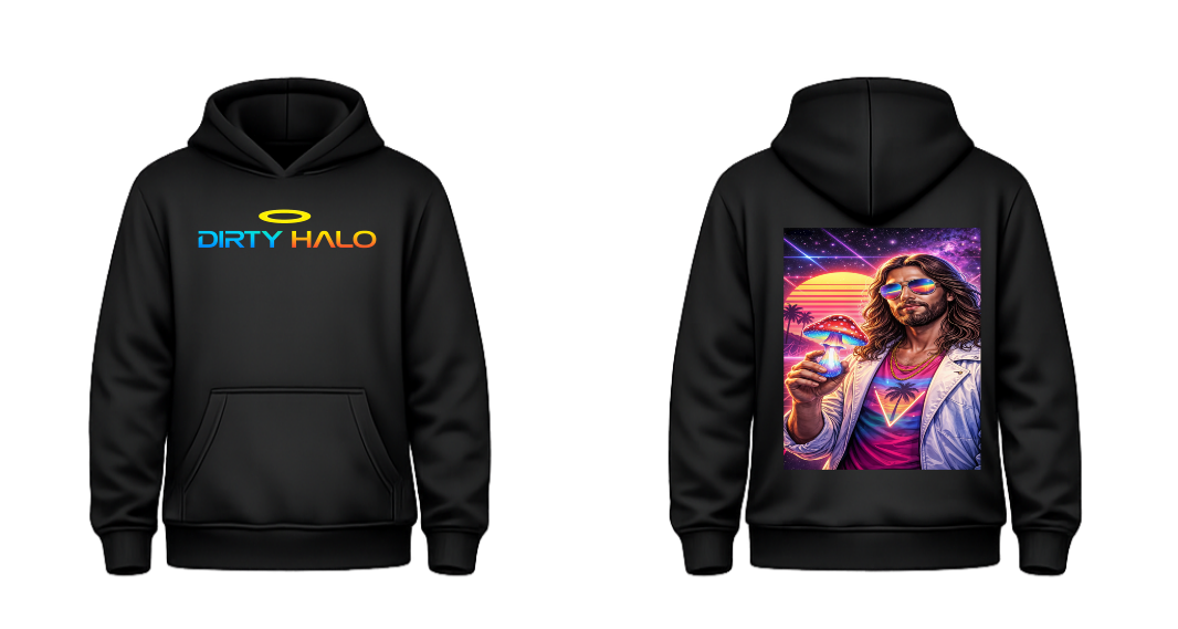 Black hoodie with 'Dirty Halo' logo on front and graphic design on back, on a white background