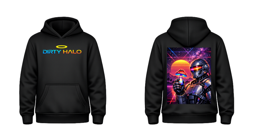 Black hoodie with 'Dirty Halo' logo on front and character illustration on back