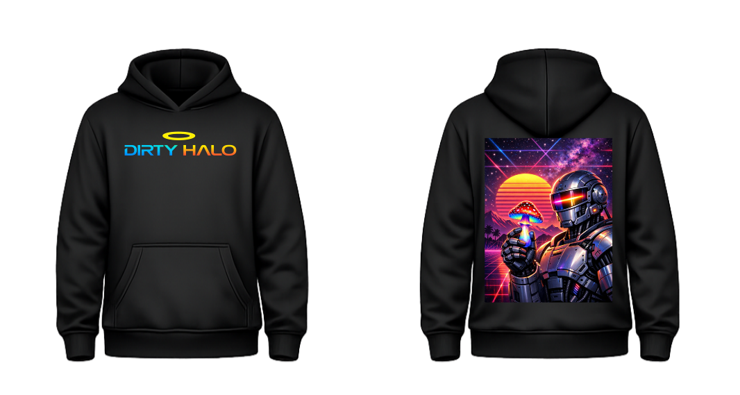 Black hoodie with 'Dirty Halo' logo on front and character illustration on back