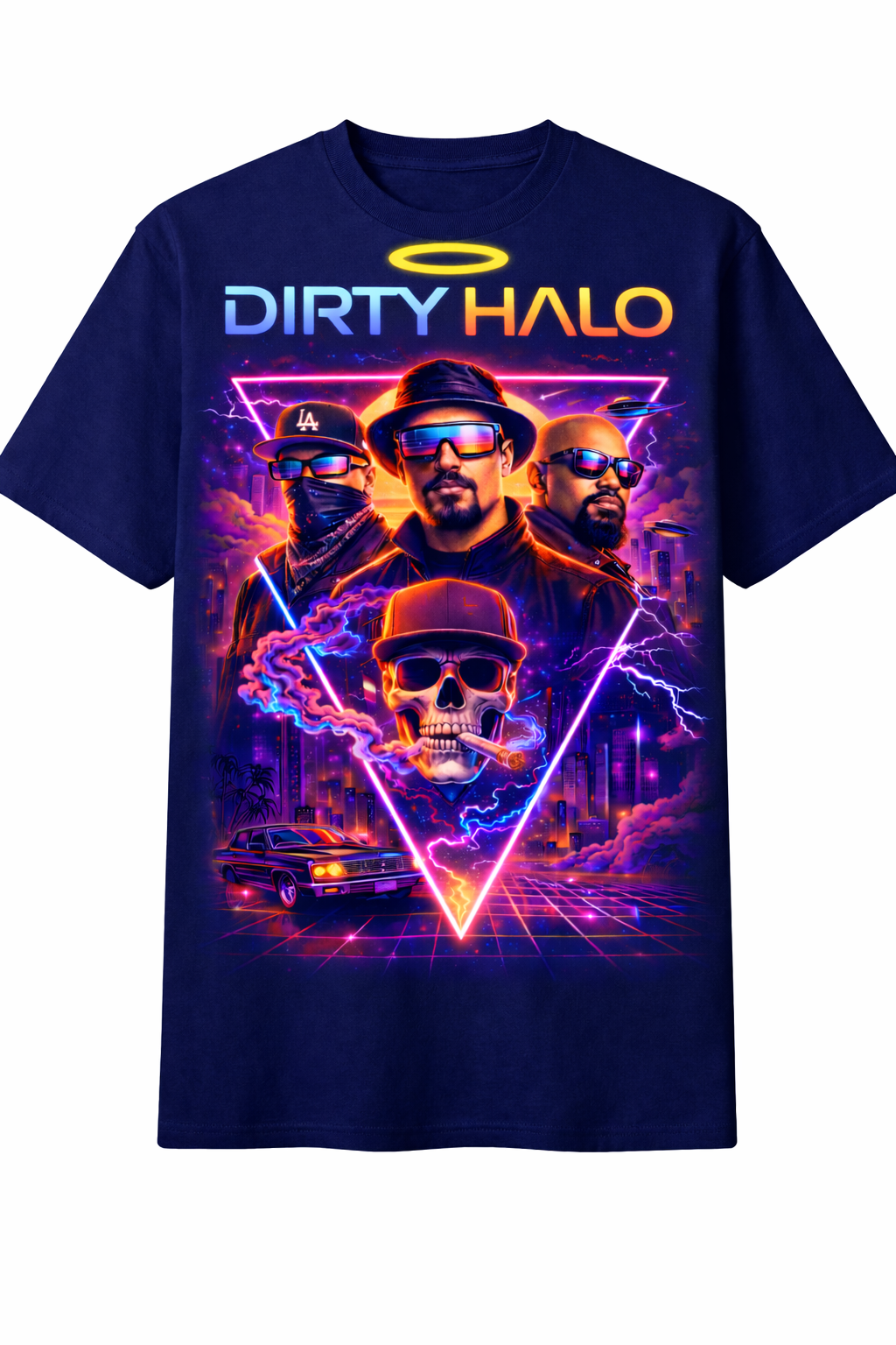 original gangster kush DIRTY HALO Retro Neon Cyberpunk Graphic T-Shirt – Black Streetwear