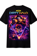 Black t-shirt with 'Dirty Halo' graphic design featuring a skull, car, and people.