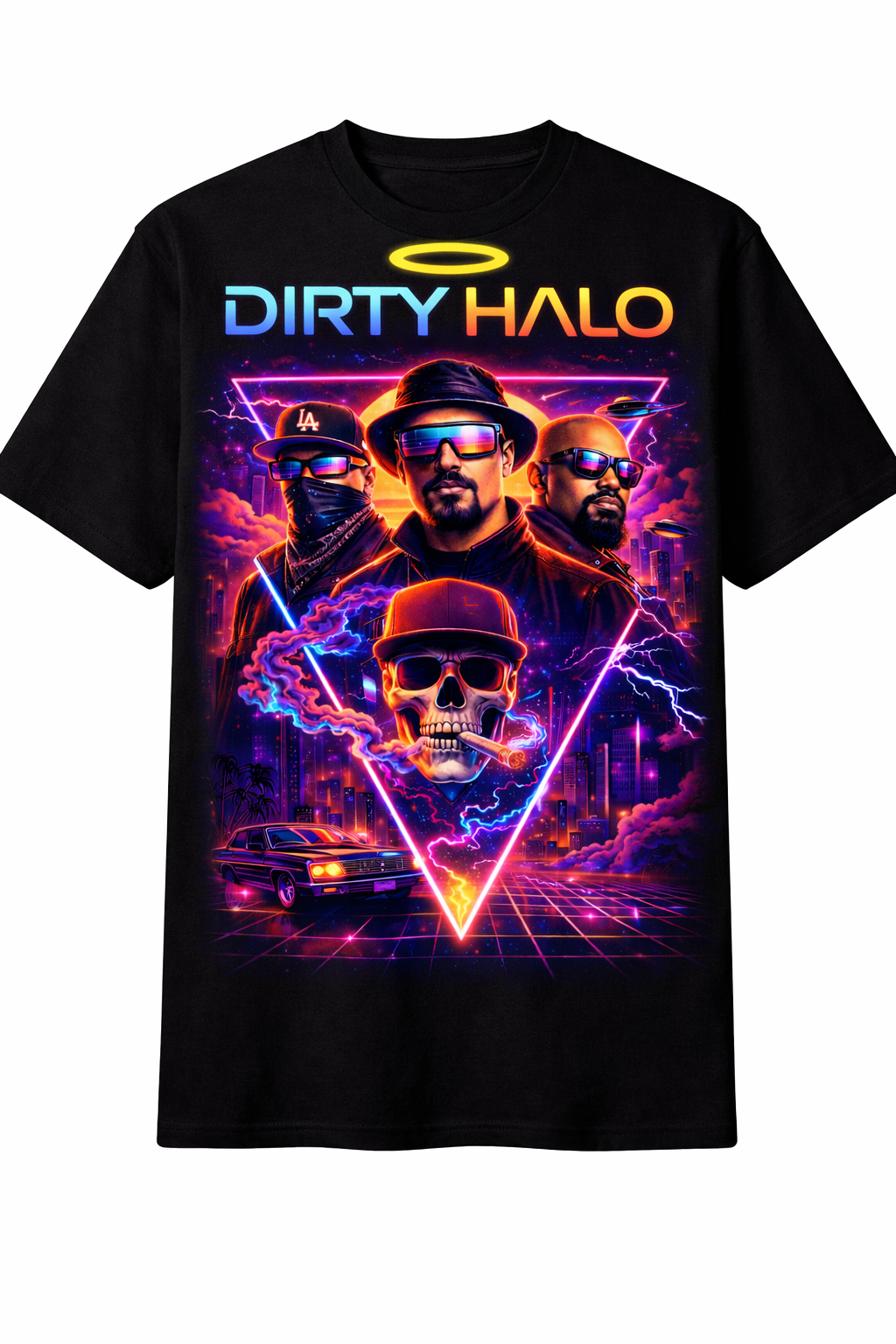 Black t-shirt with 'Dirty Halo' graphic design featuring a skull, car, and people.