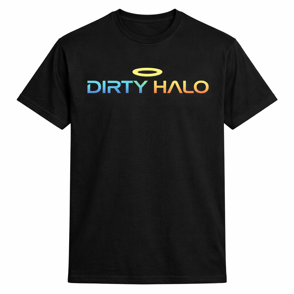 Black t-shirt with 'DIRTY HALO' logo on a white background
