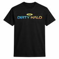 Black t-shirt with 'DIRTY HALO' logo on a white background