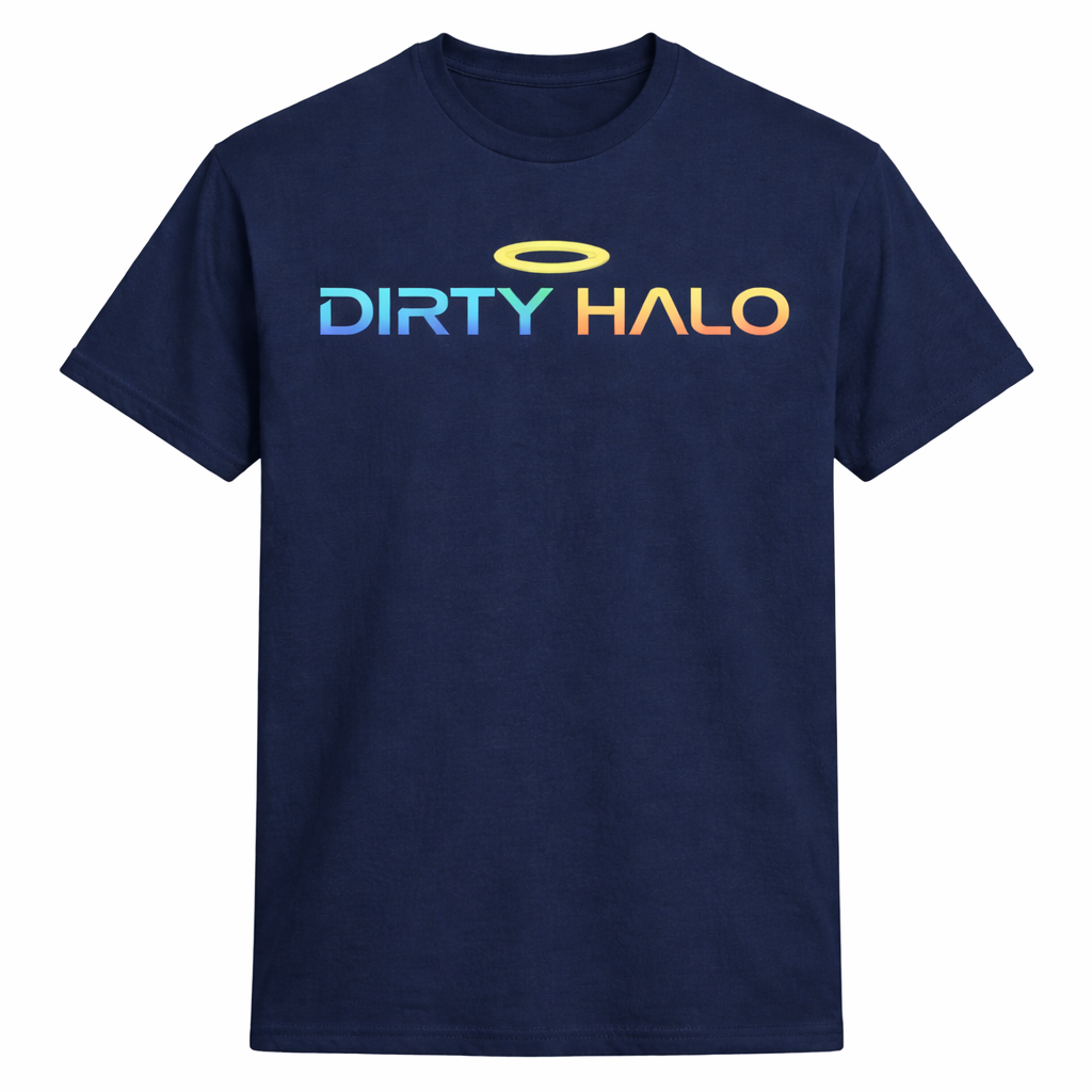Navy blue t-shirt with 'DIRTY HALO' logo on a white background