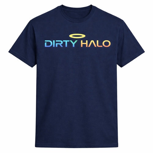 Navy blue t-shirt with 'DIRTY HALO' logo on a white background