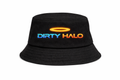 Black bucket hat with 'DIRTY HALO' logo on a white background
