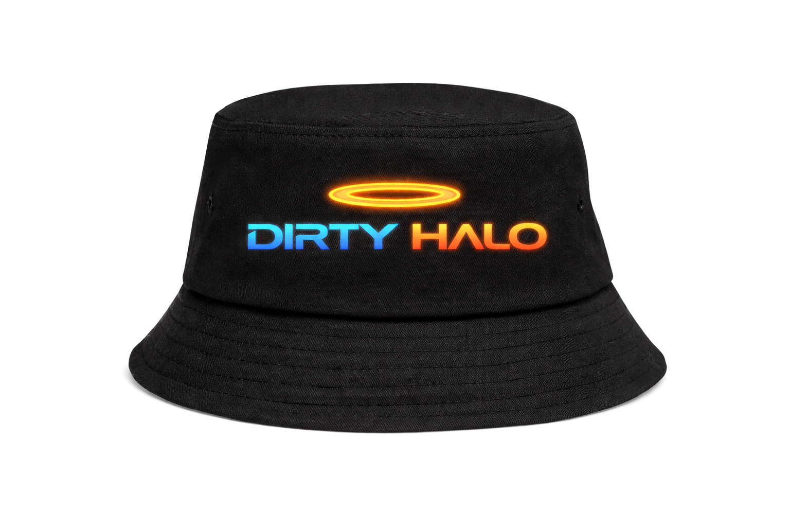 Black bucket hat with 'DIRTY HALO' logo on a white background