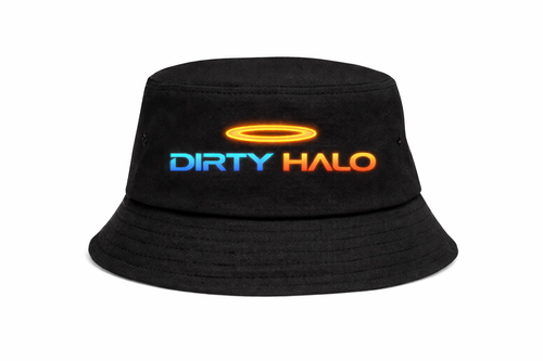 Black bucket hat with 'DIRTY HALO' logo on a white background