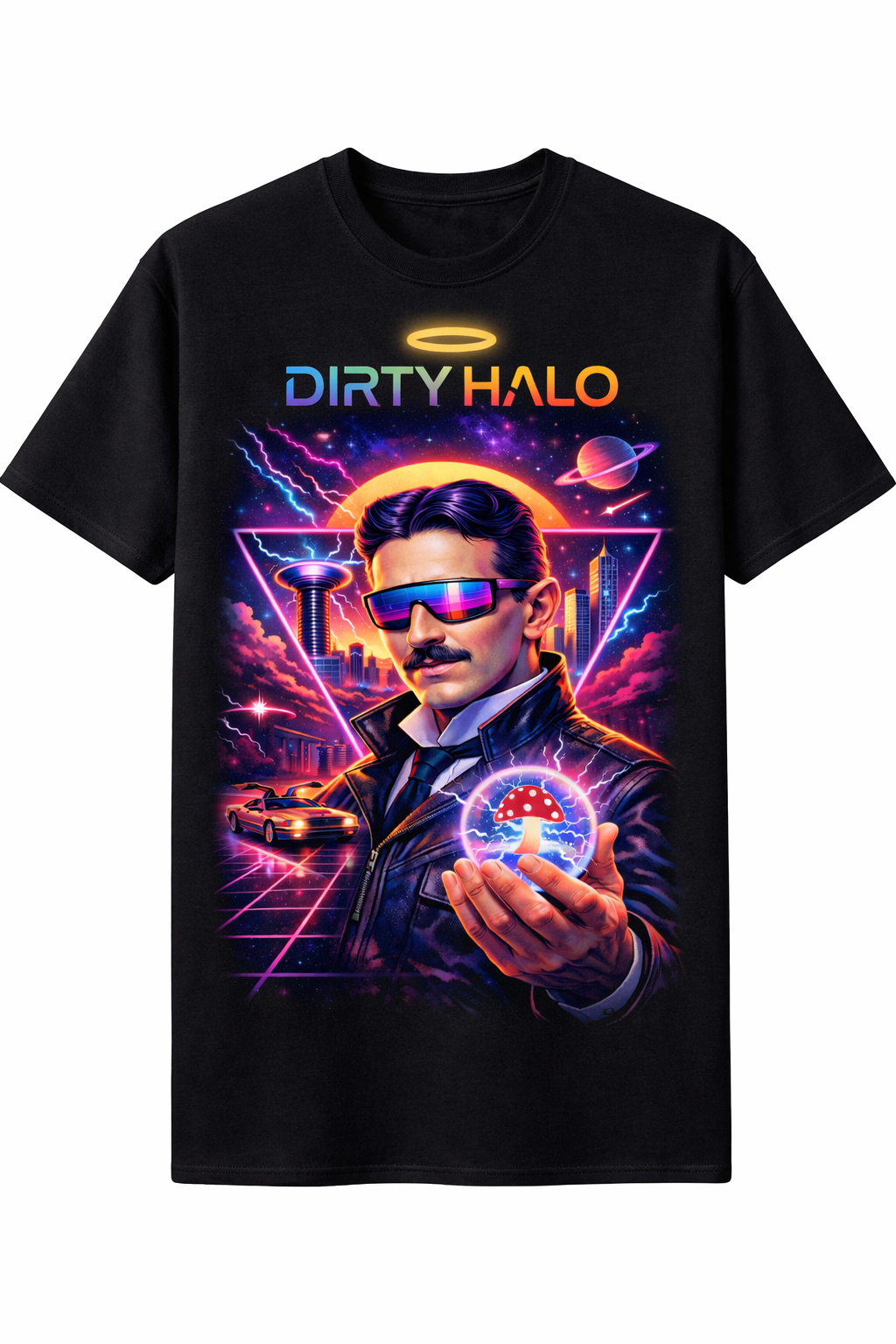 Black t-shirt with a colorful graphic design featuring a person holding a mushroom and the text 'Dirty Halo' on a white background.