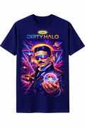 Navy blue t-shirt with a graphic design featuring a person holding a halo and the text 'DIRTY HALO' on a white background.
