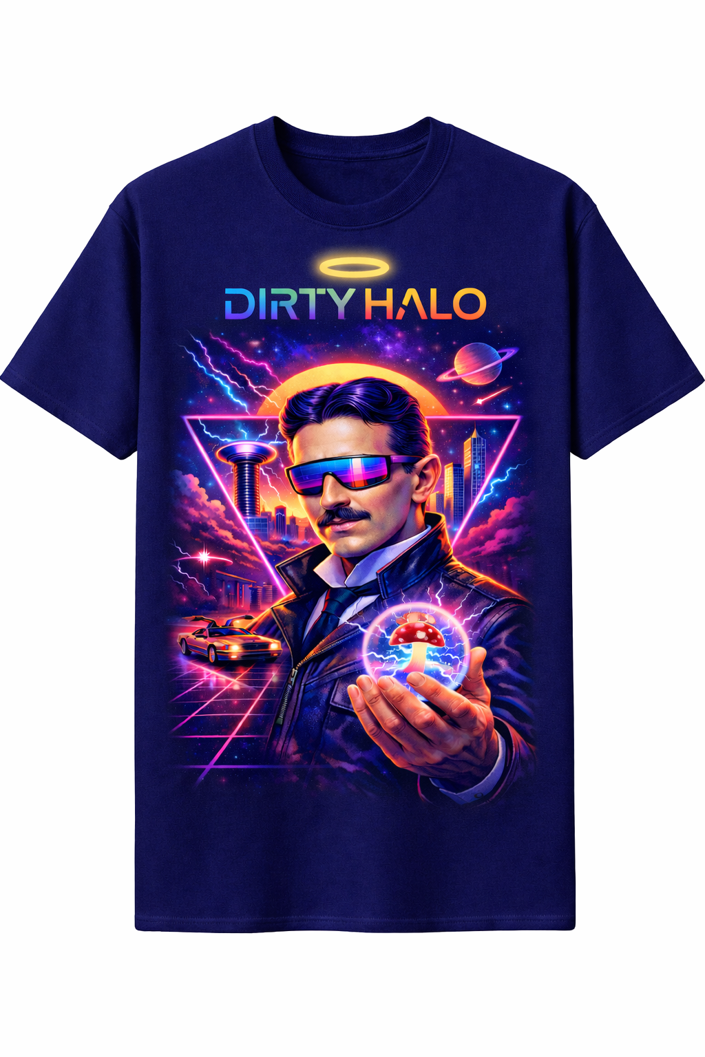 Navy blue t-shirt with a graphic design featuring a person holding a halo and the text 'DIRTY HALO' on a white background.