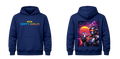 Navy blue hoodie with 'Dirty Halo' graphic on front and robot design on back, on a blue hoodie