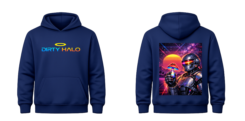 Navy blue hoodie with 'Dirty Halo' graphic on front and robot design on back, on a blue hoodie