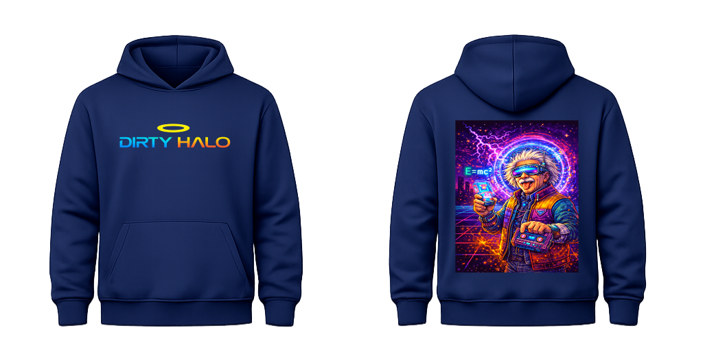 Navy blue hoodie with 'Dirty Halo' logo on front and colorful graphic on back