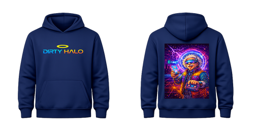 Navy blue hoodie with 'Dirty Halo' logo on front and colorful graphic on back