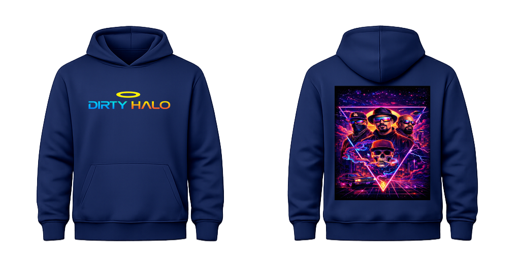 Blue hoodie with 'Dirty Halo' logo on front and colorful design on back, on a navy blue hoodie