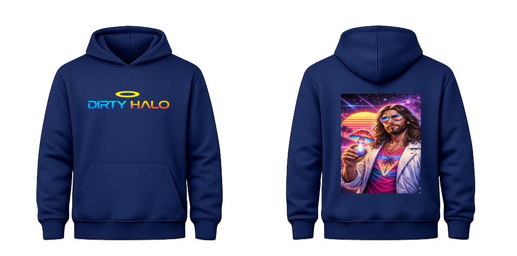 Navy blue hoodie with 'Dirty Halo' logo on front and colorful graphic on back