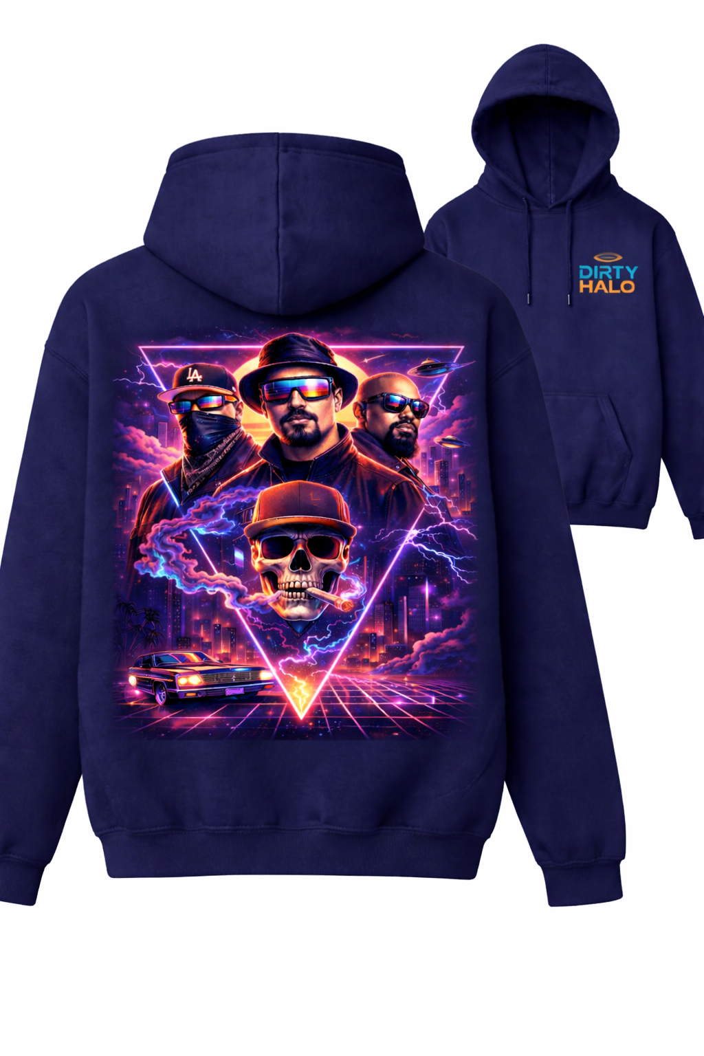 Navy blue hoodie with graphic design on front and 'Duty Halo' text on back