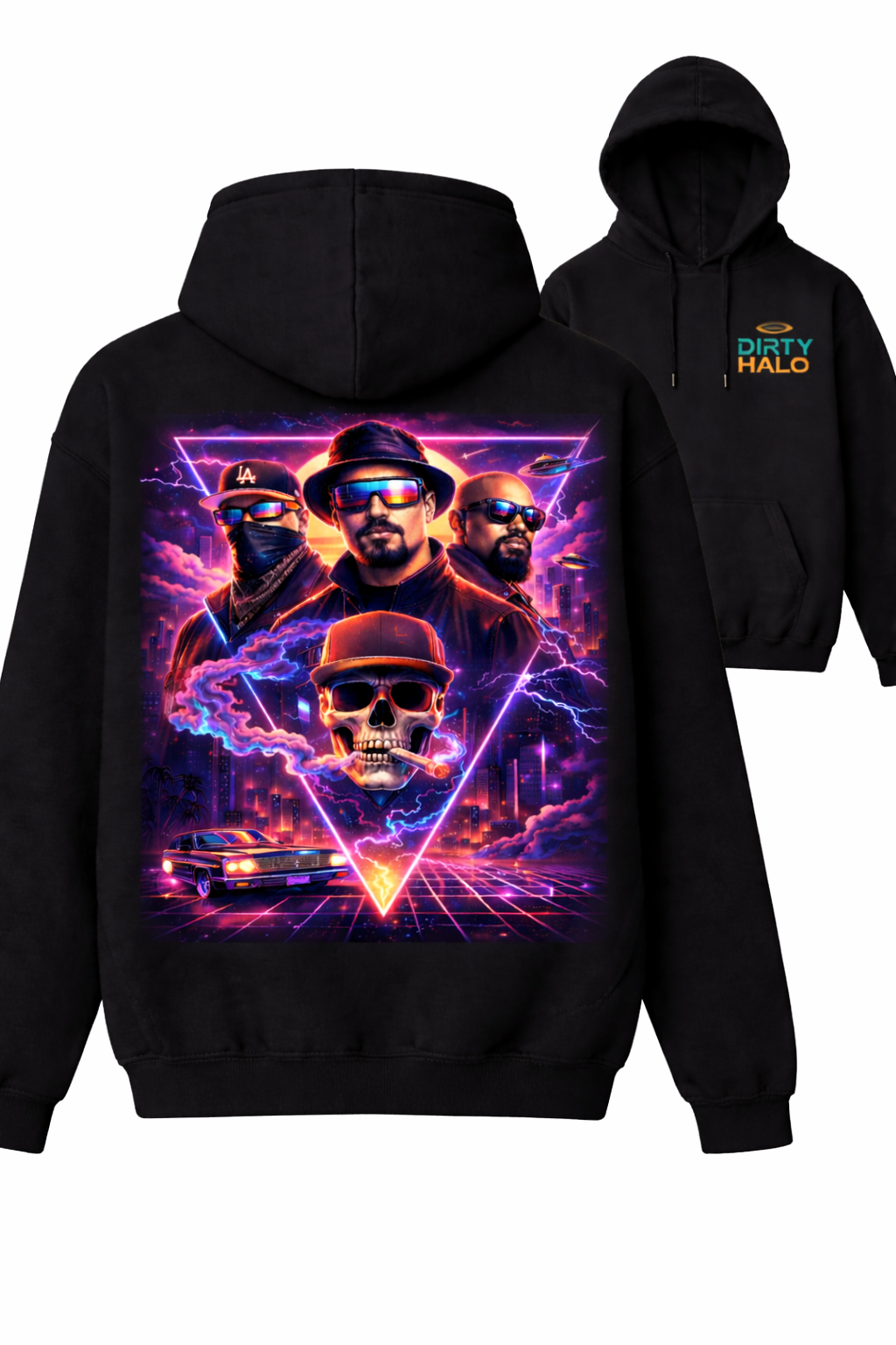 Black hoodie with a colorful graphic design on the back featuring three people and a skull, with 'Dirty Halo' branding on the front.