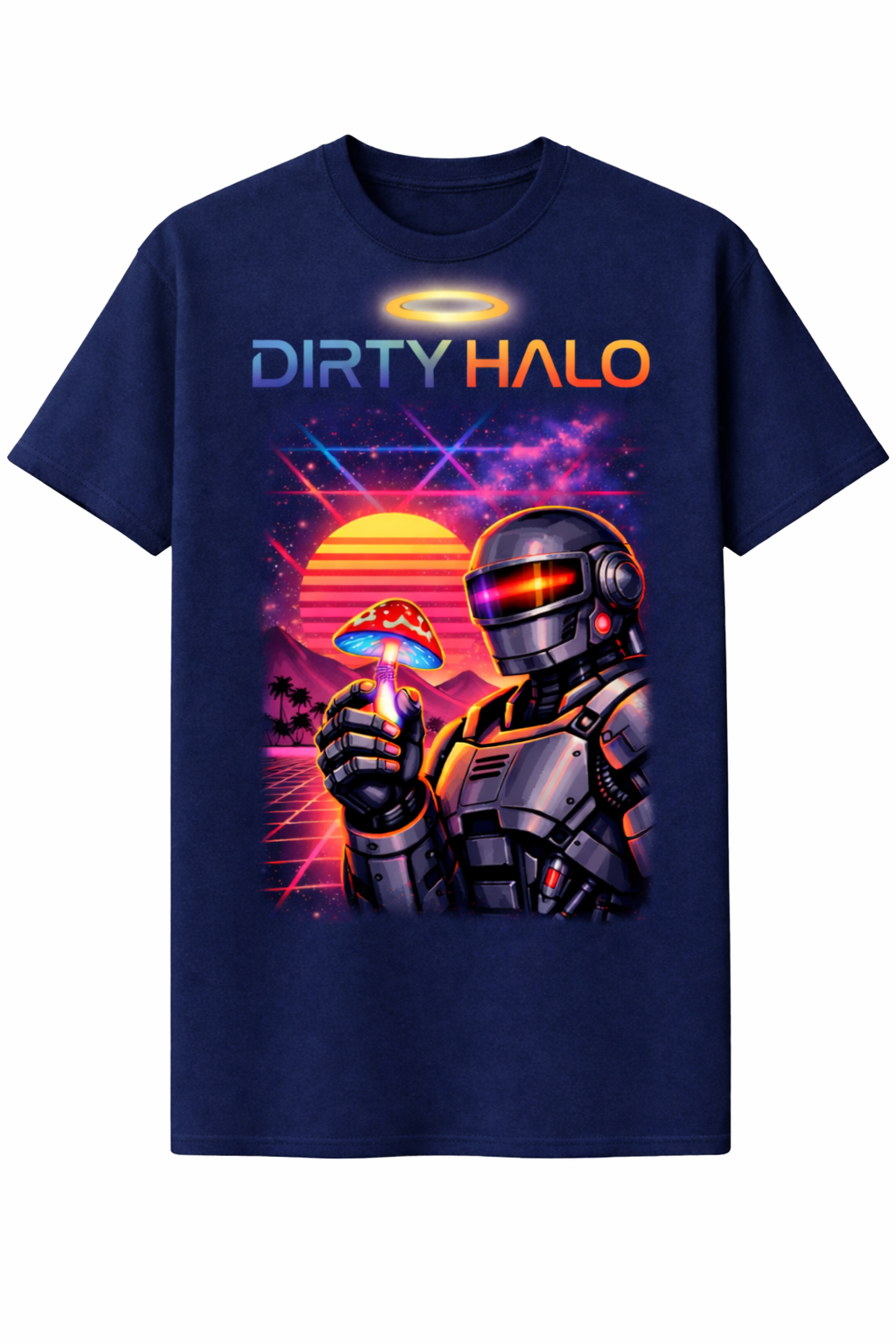 Navy blue t-shirt with 'Dirty Halo' graphic design featuring a robot and futuristic elements.