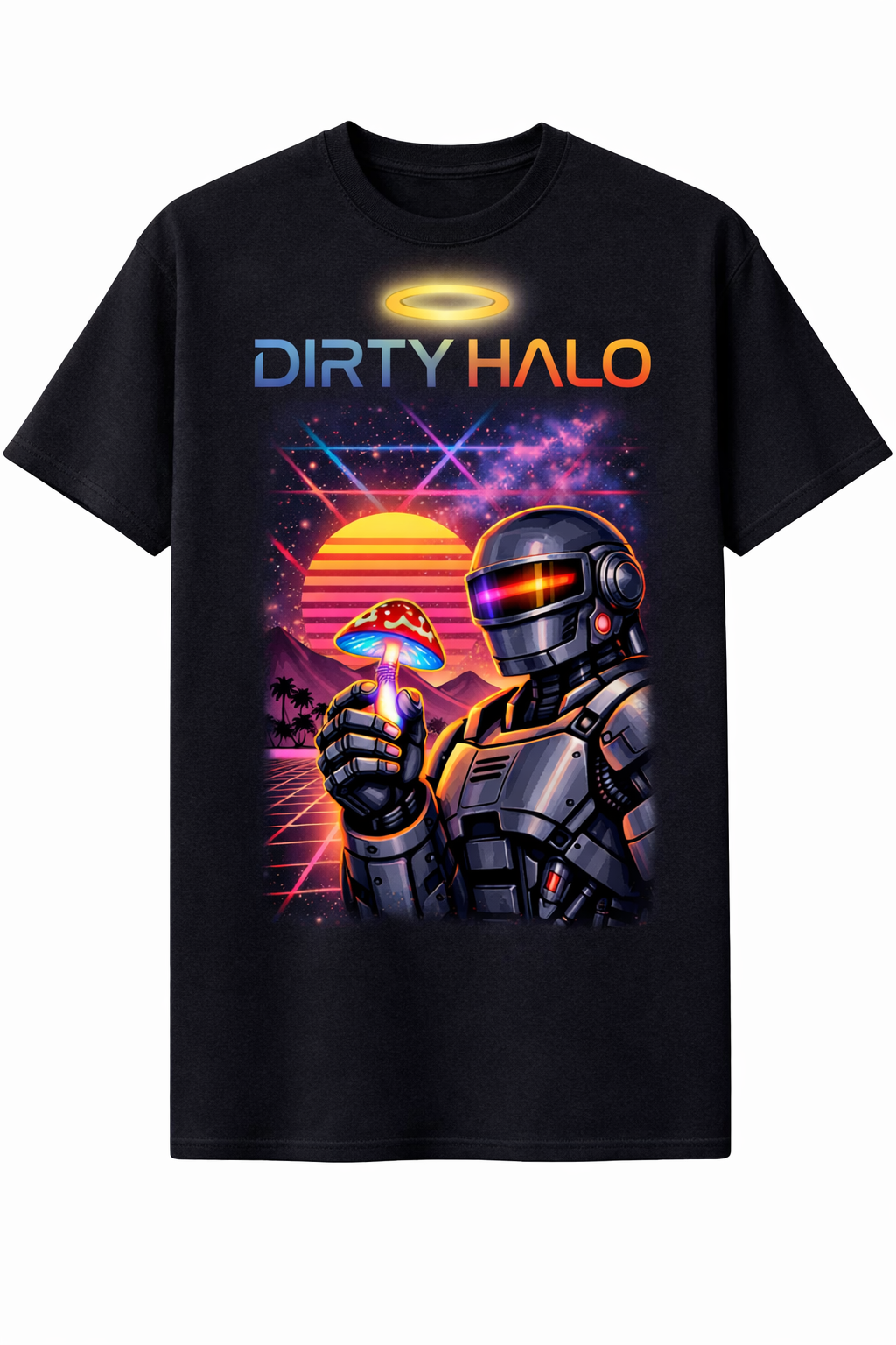 Black t-shirt with 'Dirty Halo' graphic design featuring a robot and retro-futuristic elements.