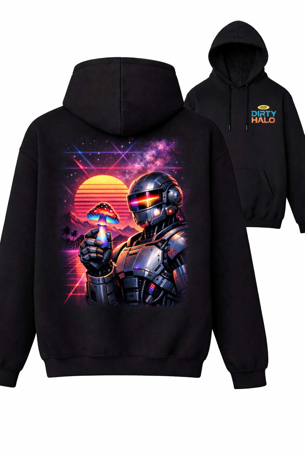 Black hoodie with futuristic robot design on the back, displayed from front and back views.