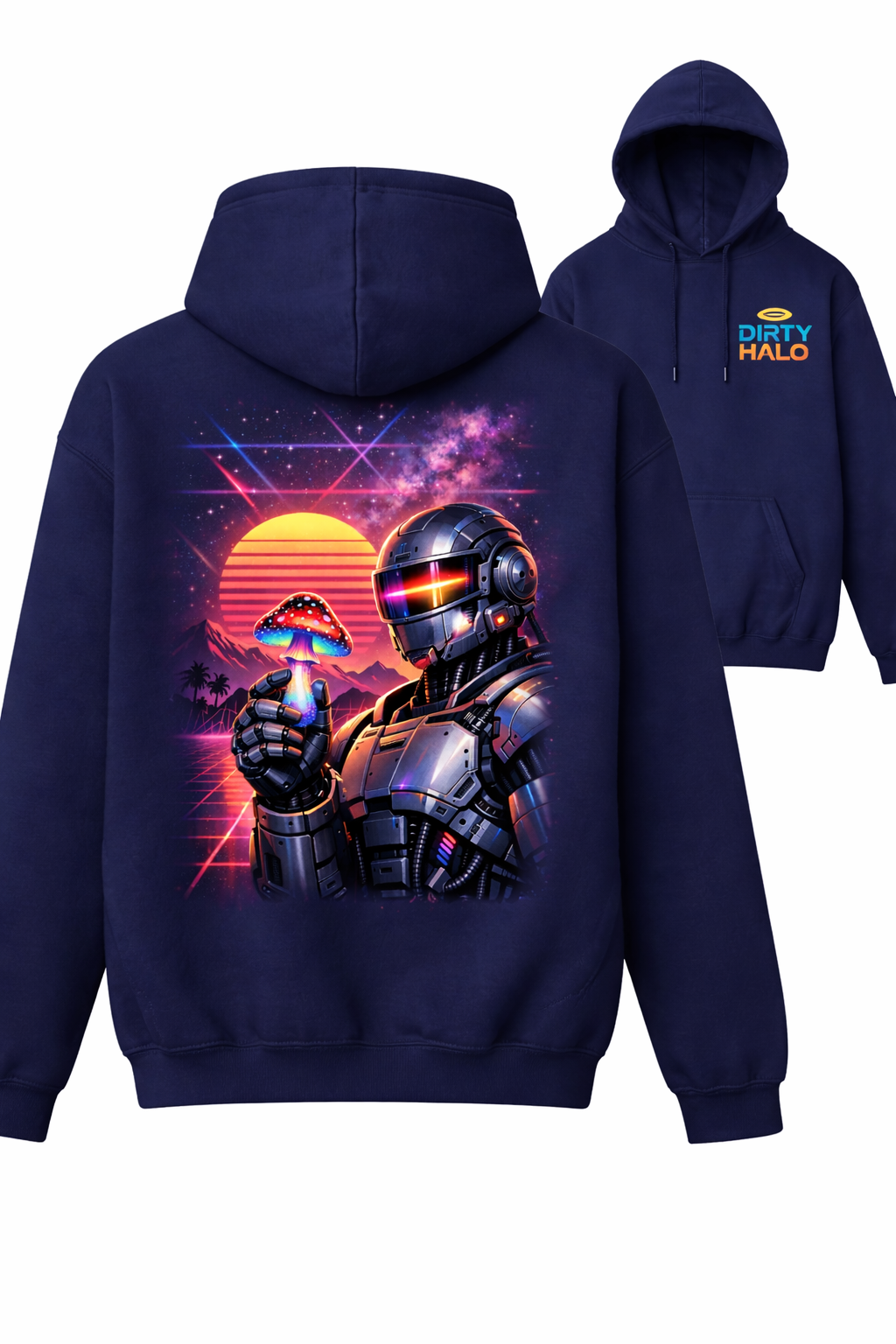 Navy blue hoodie with futuristic robot design on the back, displayed from front and back views.