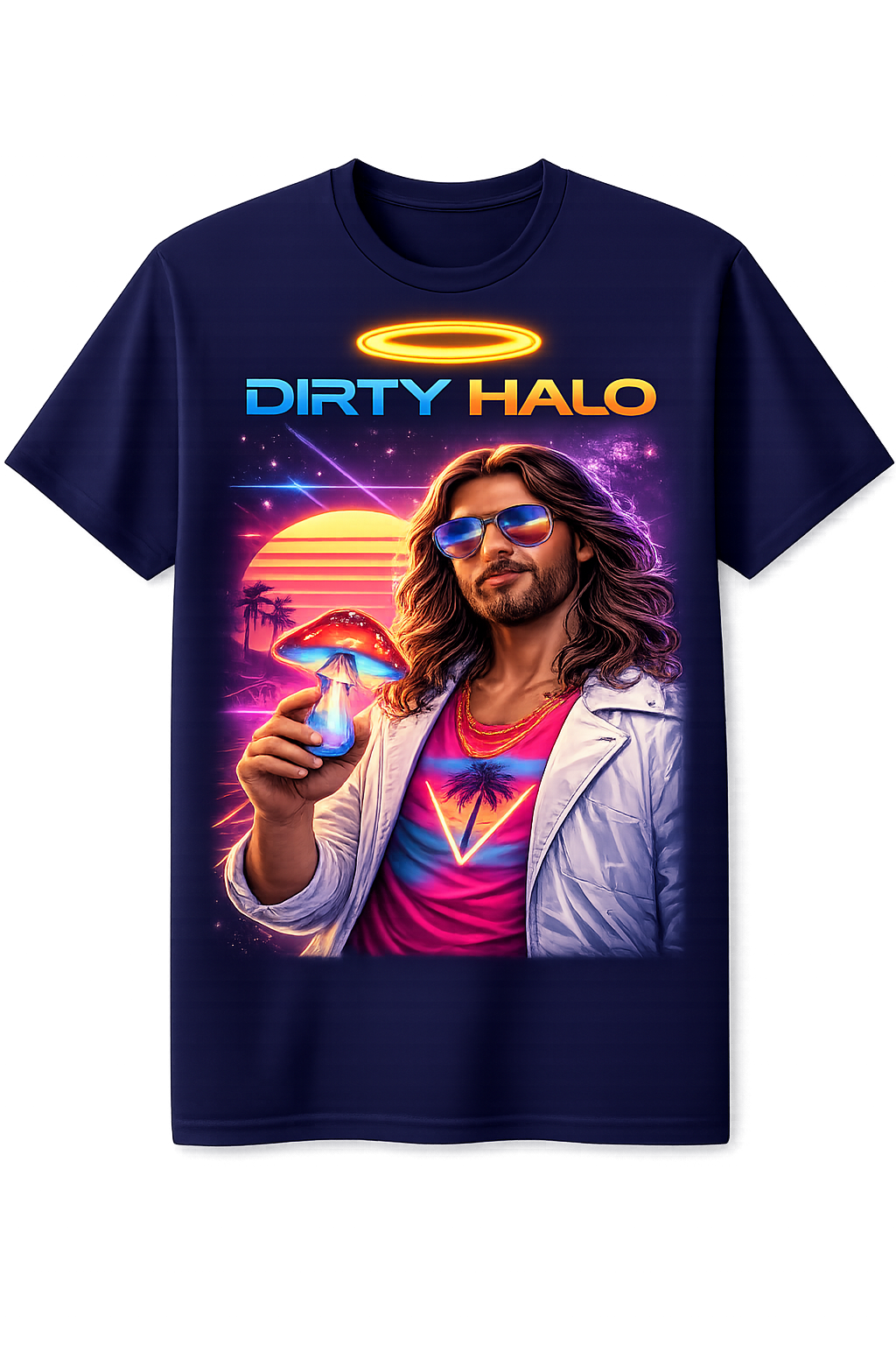Navy blue t-shirt with 'Dirty Halo' graphic design featuring a person holding mushrooms.