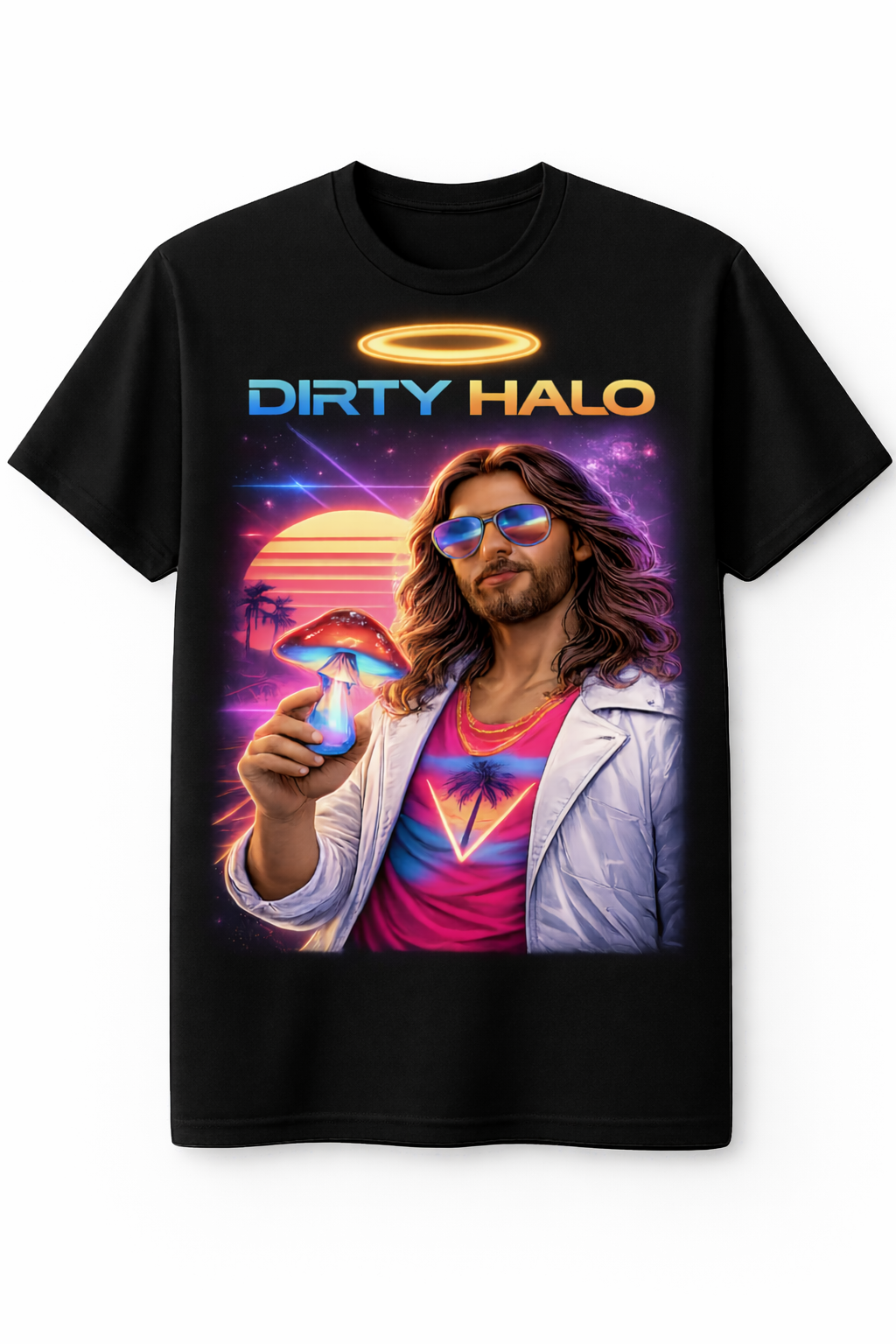 Black t-shirt with a graphic design of a person holding mushrooms, titled 'Dirty Halo', on a white background.
