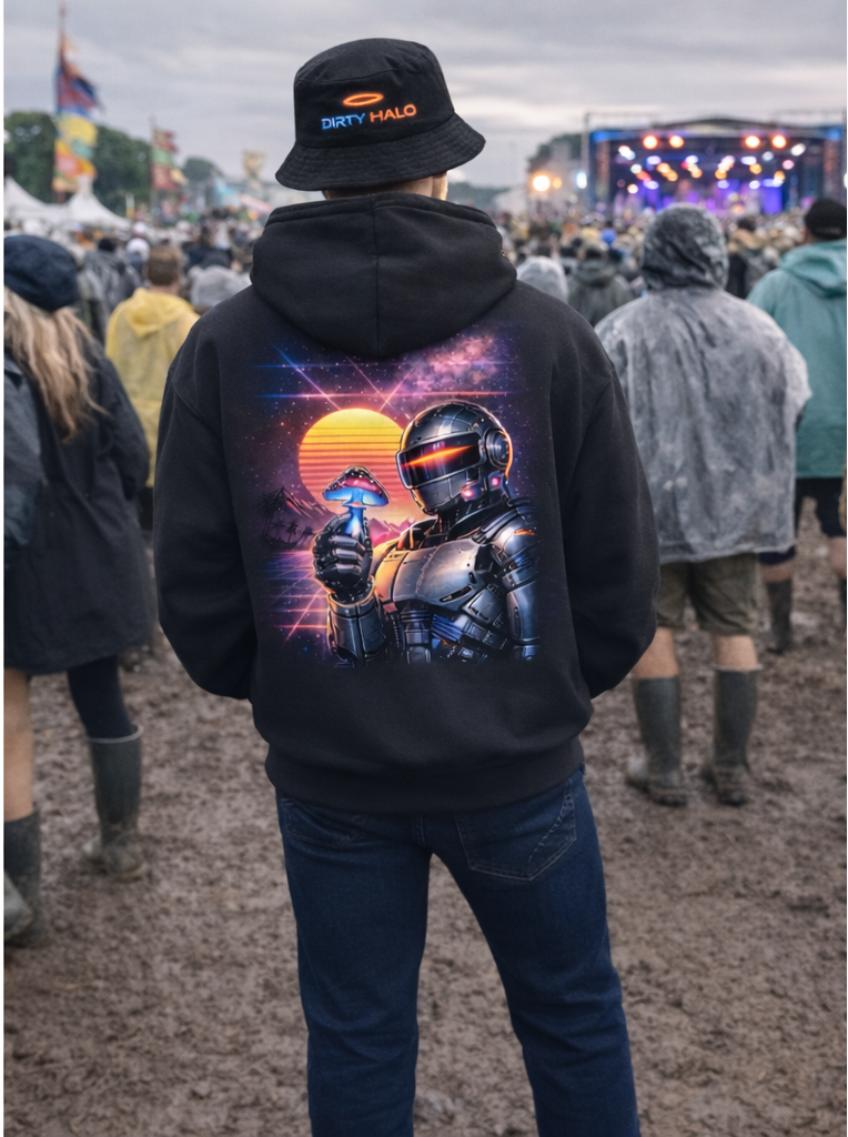 Person wearing a black hoodie with a brand logo at a festival, shown from front and back views.