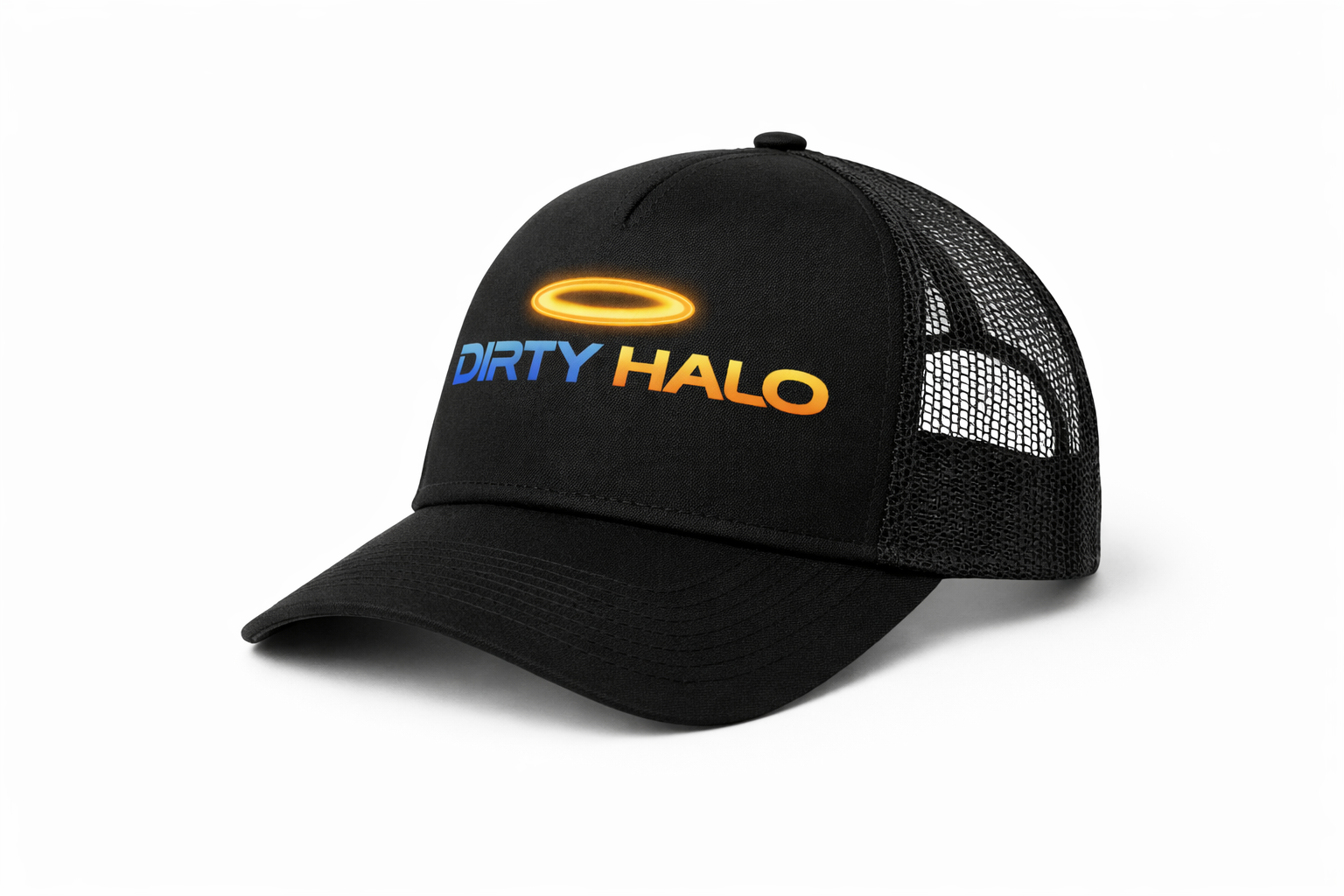 Black cap with 'Dirty Halo' logo on a white background